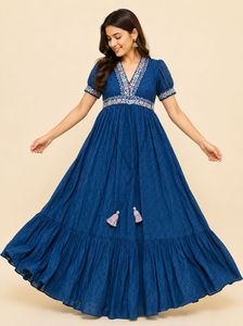 Elegant Blue Embroidered Maxi Dress