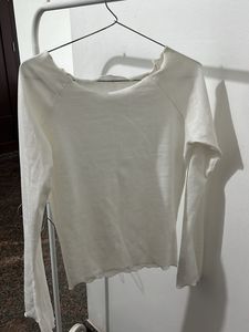 White Long Sleeve Lettuce Trim Top