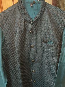 Teal Men’s Kurta Pyjama with Nehru Jacket Set