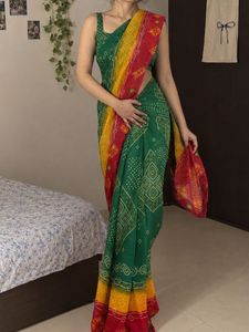 Beautiful Green Red &amp; Yellow Bandhani Print Ethnic