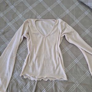 Cream Ribbed V-Neck Top Bell Sleeves &amp; Lettuc