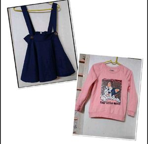Girls Dark Blue Pinafore Dress & Pink Dog Sweatshi