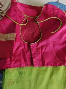 Parrot green Cotton silk Saree with Blouse
