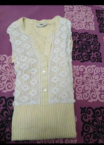 Max Yellow Striped Kurta with Lace Neckline
