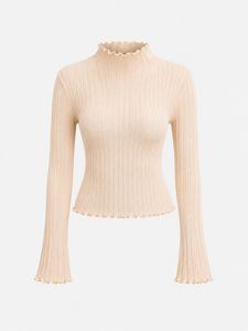 Ribbed Mock Neck Top with Lettuce Trim