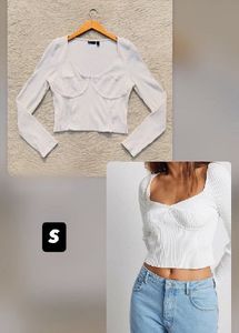 Cream Ribbed Long Sleeve Corset Top