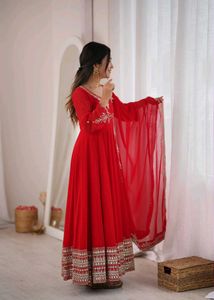 Stunning Red Anarkali Kurta Set