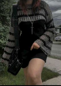 Crocheted Grey &amp; Black Striped Crop Top