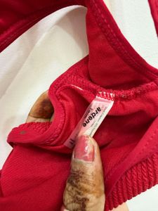 Red Ribbed Bikini Top with Zipper
