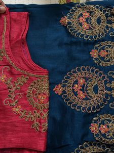 Embroidered Teal Saree with Pink Blouse
