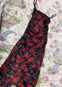 Chic Rose Print Ruched Maxi Dress