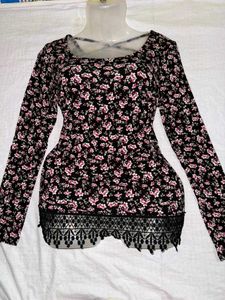 Floral Print Long Sleeve Top with Lace Trim