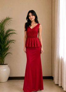 Korean Elegant Red Lace Peplum Gown