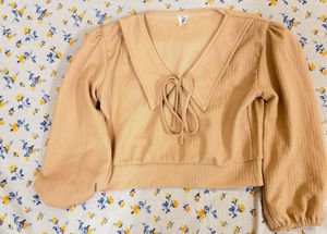 Cute Beige Ribbed Top/Blouse with Tie Collar