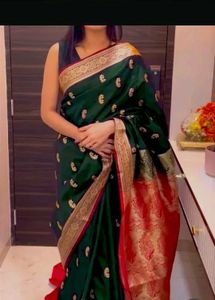 Elegant Emerald Green Banarasi satin Silk Saree