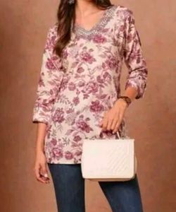 Floral Print Kurta with Embellished Neckline
