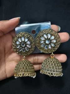 Gold Jhumka with White Stones