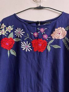 Embroidered Blue Round Neck Top