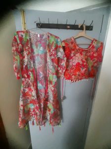 Floral Embroidered pink crop top with plazzo
