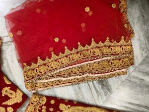 Bridal Red Velvet Lehenga Choli with Golden Embroi