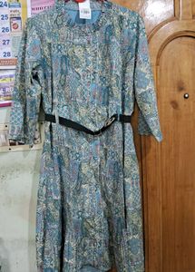 Patterned Midi Dress with Belt