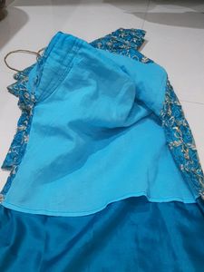 Customized V Neck  Sky Blue Net satin Kurti