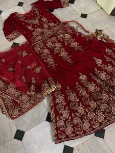 Red Velvet Embroidered Lehenga
