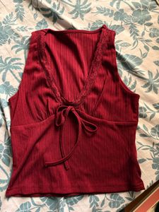 Ribbed Lace Trim V-Neck Crop Top