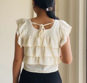Cute Korean Cream Ruffled Square Neck Top
