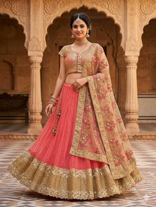 Stunning Coral & Gold Embroidered Lehenga
