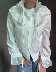 White Ruffled Neckline Long Sleeve Top