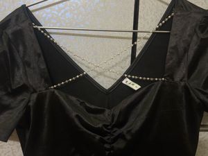 Elegant Black Satin Pearl Dress