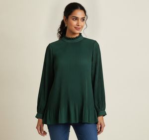 Lightweight Pleated High Neck Long Sleeve Top