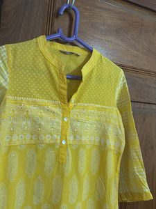 Yellow Paisley Print Kurti - Prined With Sequins
