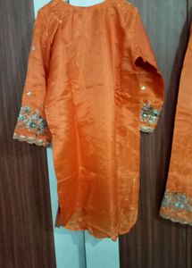 Embroidered orange Kurta with plazo and dupatta