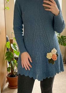 Blue Cable Knit Sweater with Floral Applique