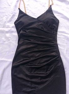 satin Black Dress padded with Gold Chain Straps
