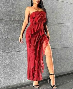 Stunning Red Ruffle Strapless Maxi Dress
