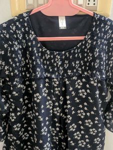Navy Blue Floral Smocked Peplum Top
