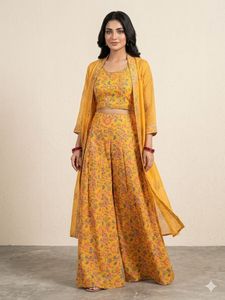 Yellow Floral Print Kurta Set with Palazzo