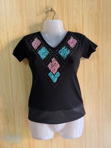Y2K Bejeweled Black Fitted  Top