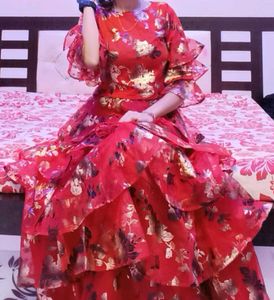 Red Floral crop top and long skirt