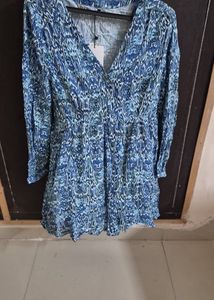 Blue Abstract Print V-Neck Dress