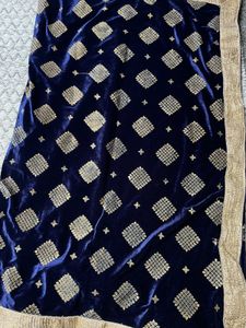 Elegant Navy Blue Velvet saree with Gold Embellish
