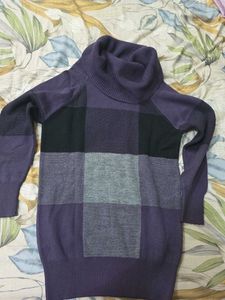 Cozy Purple & Grey Plaid Turtle Neck Sweater