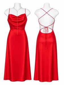 Red Satin Slip Dress with Open Back