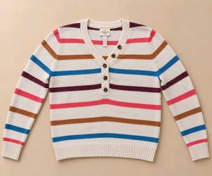 MULTI-STRIPE BUTTON-FRONT V-NECK KNIT SWEATER