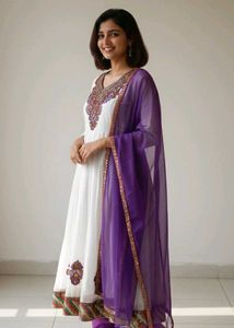 Elegant White & Purple Anarkali Suit