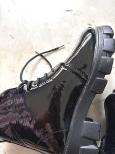 Glossy Black Lace-Up Ankle Boots