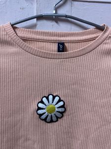 Ribbed Peach Crop Top with Daisy Patch